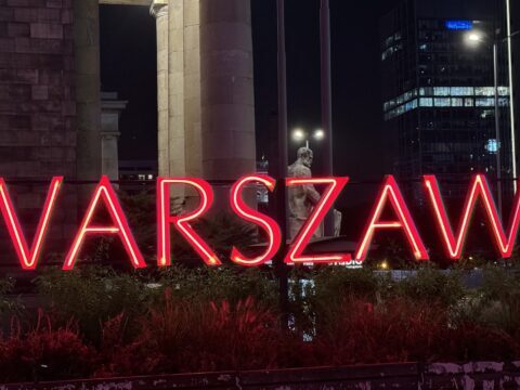 IMG_0699 A picture of the neon Warszawa sign at The Palace of Science and Culture in Warsaw, Poland