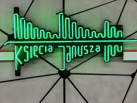 IMG_0835 A picture of the neon metro sign on the platform at Ksiecia Janusza metro station in Warsaw, Poland