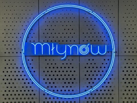 IMG_0836 A picture of the neon metro sign on the platform at Mlynow metro station in Warsaw, Poland